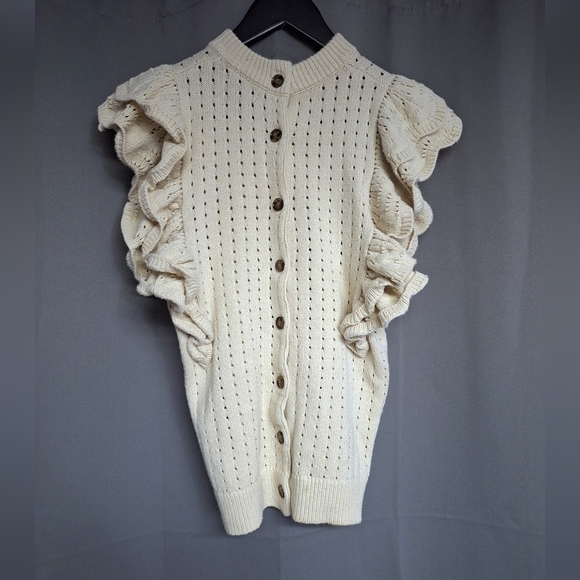 Who What Wear Button Closure Eyelet Open Knit Blouse Ruffled Dolman Short Sleeve - Picture 2 of 8